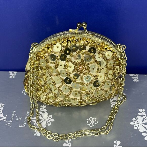 Vintage Gold Sequined Chain Strap Art Deco Flapper Purse Handmade Hong Kong - Picture 2 of 11